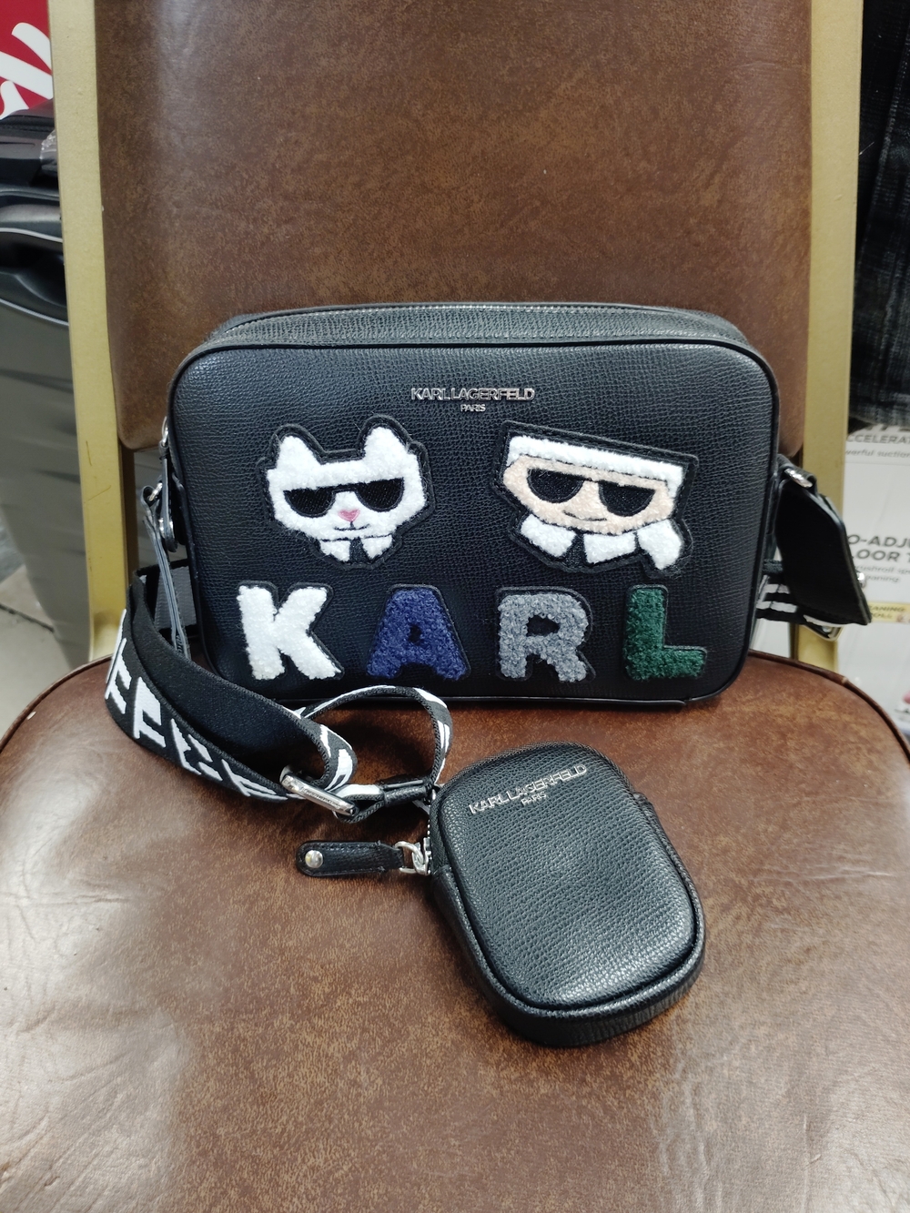 Karl Lagerfeld Black Leather KARL Patch Crossbody Bag